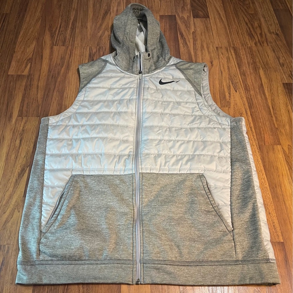 Nike Therma-FIT Hooded Puffer Vest Mens XL Gray Quilted Hybrid Full Zip Jacket